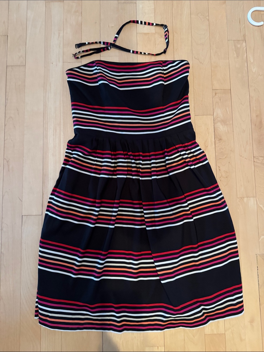 White House Black Market Strapless Black Dress with Pink and White Stripes